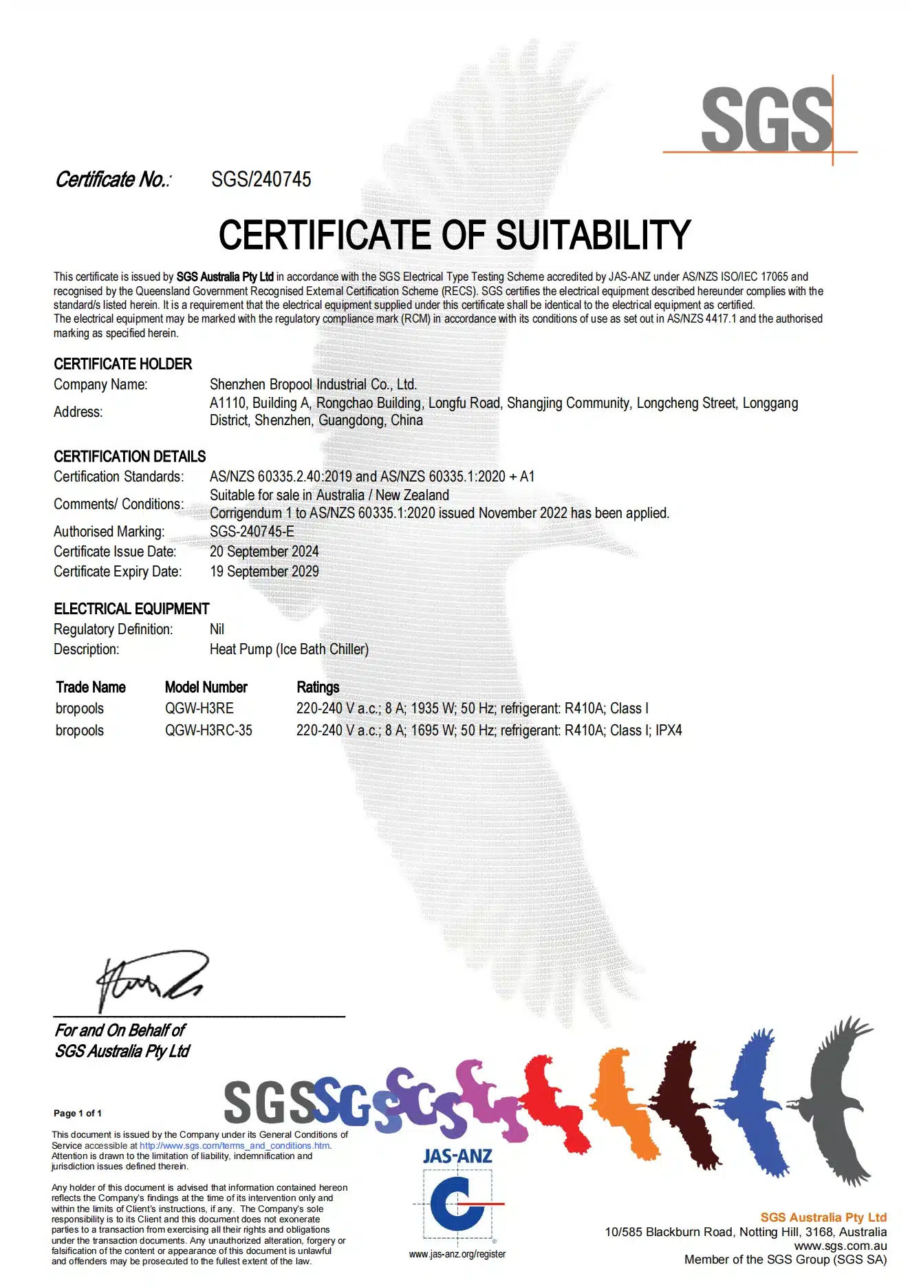 SGS Australia Certificate of Suitability SGS 240745 for Bropool QGW-H3RE and QGW-H3RC-35