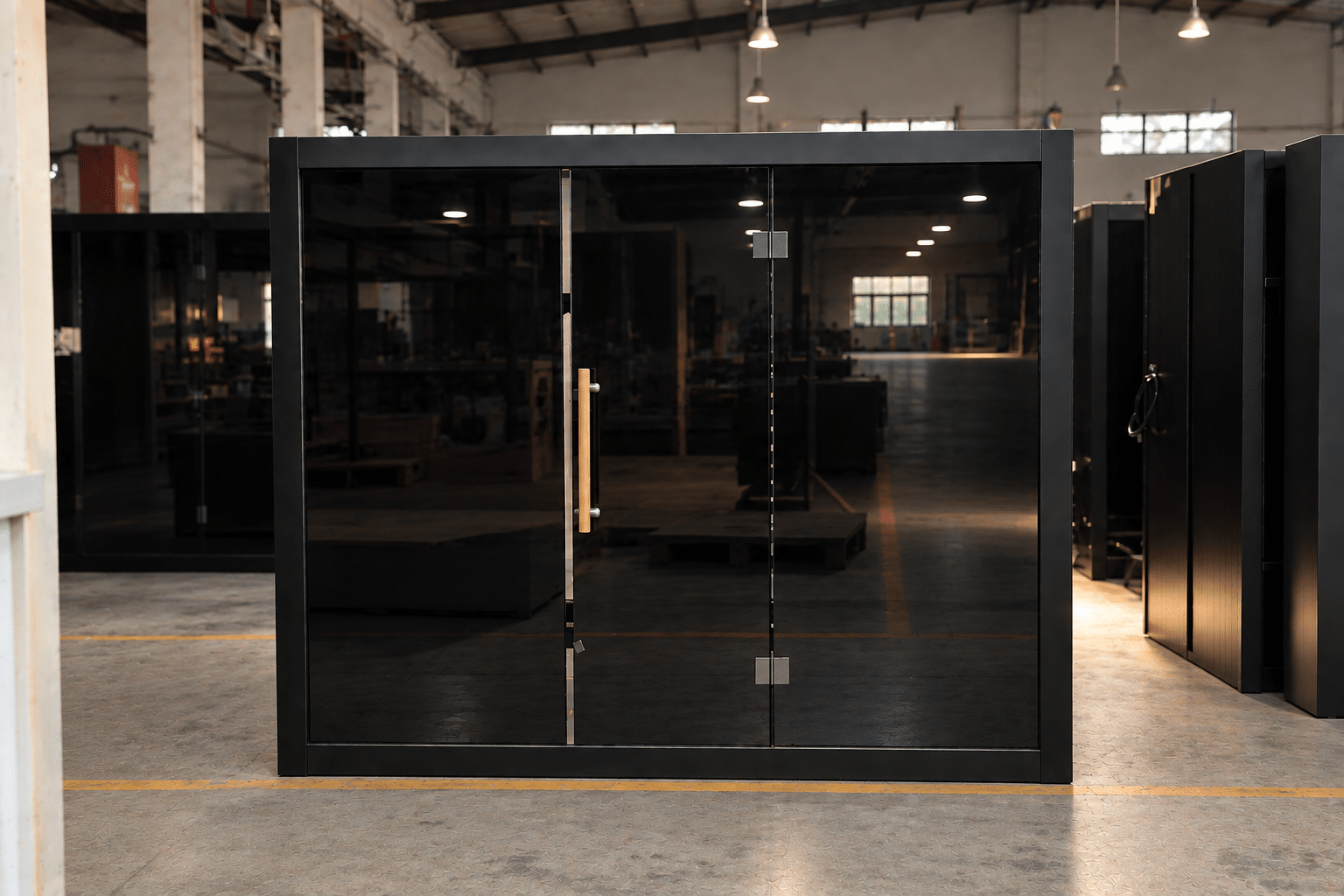 Black glass-front sauna cabin on the production floor at the Bropool factory