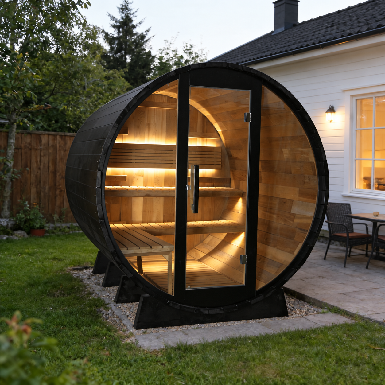 AI-assisted illustrative outdoor scene of the Bropool BP-BS2124 black barrel sauna