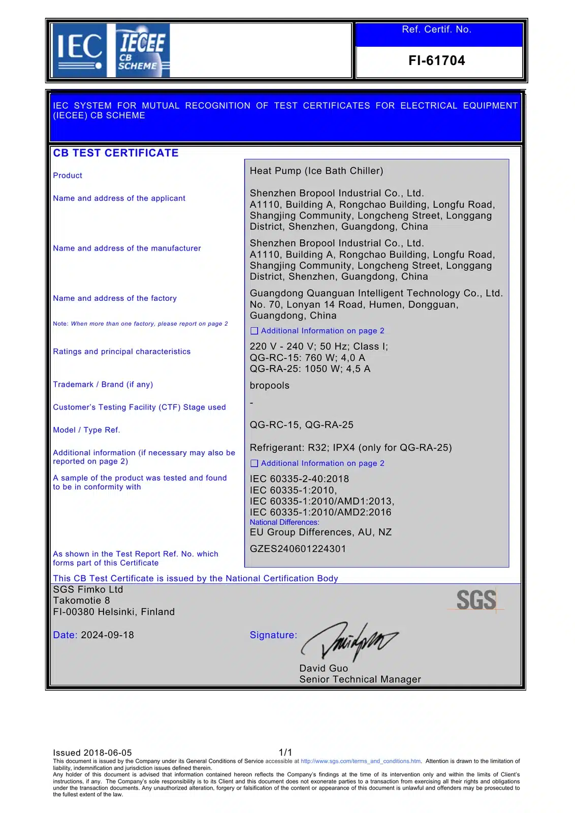IECEE CB Test Certificate FI-61704 naming Shenzhen Bropool Industrial Co., Ltd. for QG-RC-15 and QG-RA-25 chillers