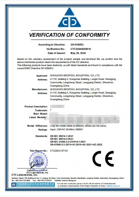 CE EMC verification CTC20240528010 for listed Bropool IS sauna room models