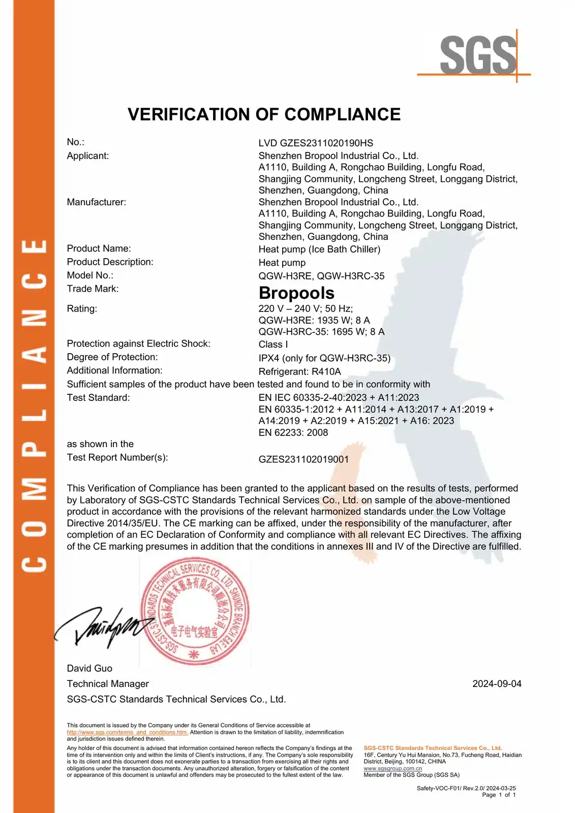 SGS CE LVD verification GZES2311020190HS naming Shenzhen Bropool Industrial Co., Ltd. for QGW-H3RE and QGW-H3RC-35 chillers