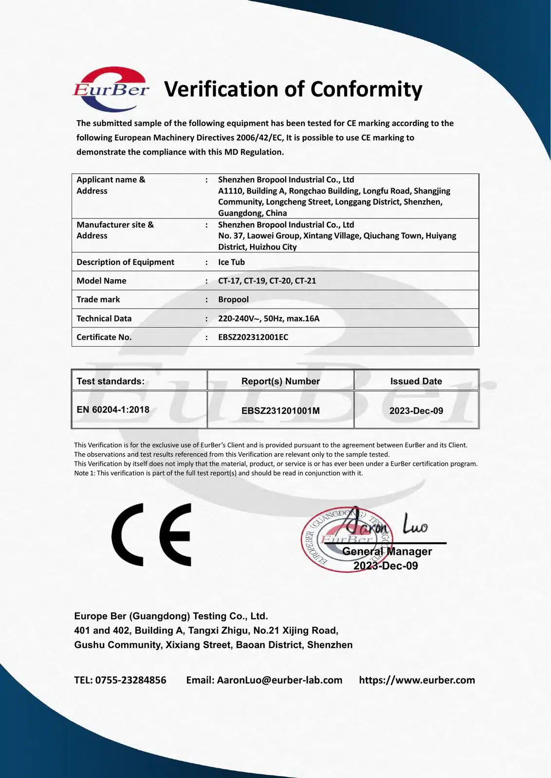 CE Machinery verification EBSZ202312001EC naming Shenzhen Bropool Industrial Co., Ltd. for CT-17, CT-19, CT-20 and CT-21