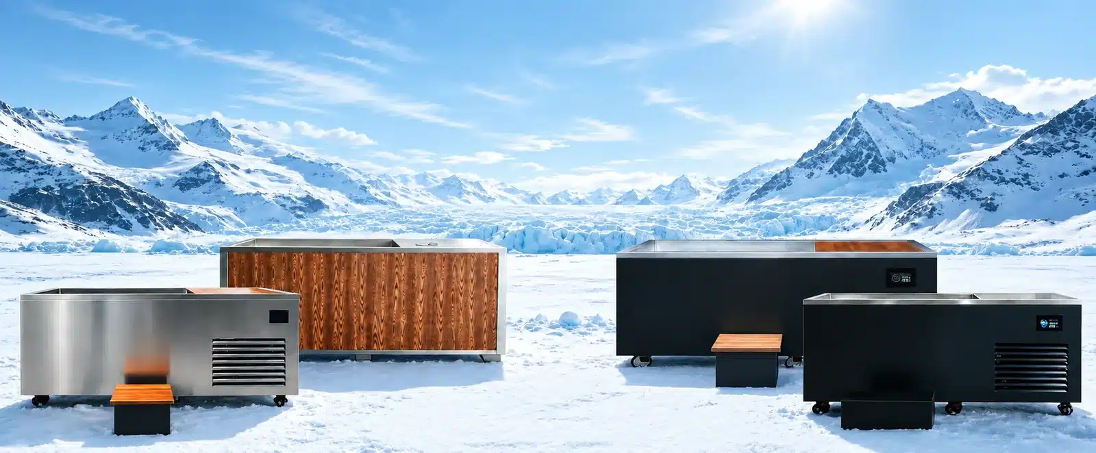 Bropool cold plunge manufacturer collection with stainless steel and wood-finish ice-making models in an illustrative cold setting