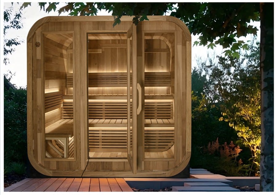 Bropool CS-2118 cube outdoor sauna complete front view in an illustrative catalog scene