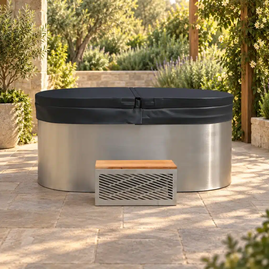 Bropool CT-05 cold plunge in an AI-assisted illustrative outdoor scene