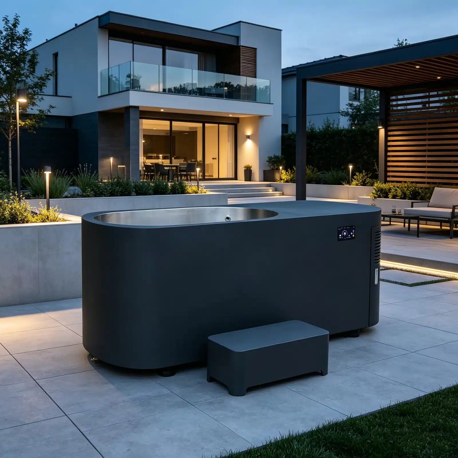 Bropool CT-21 black oval cold plunge with a matching step in a terrace setting