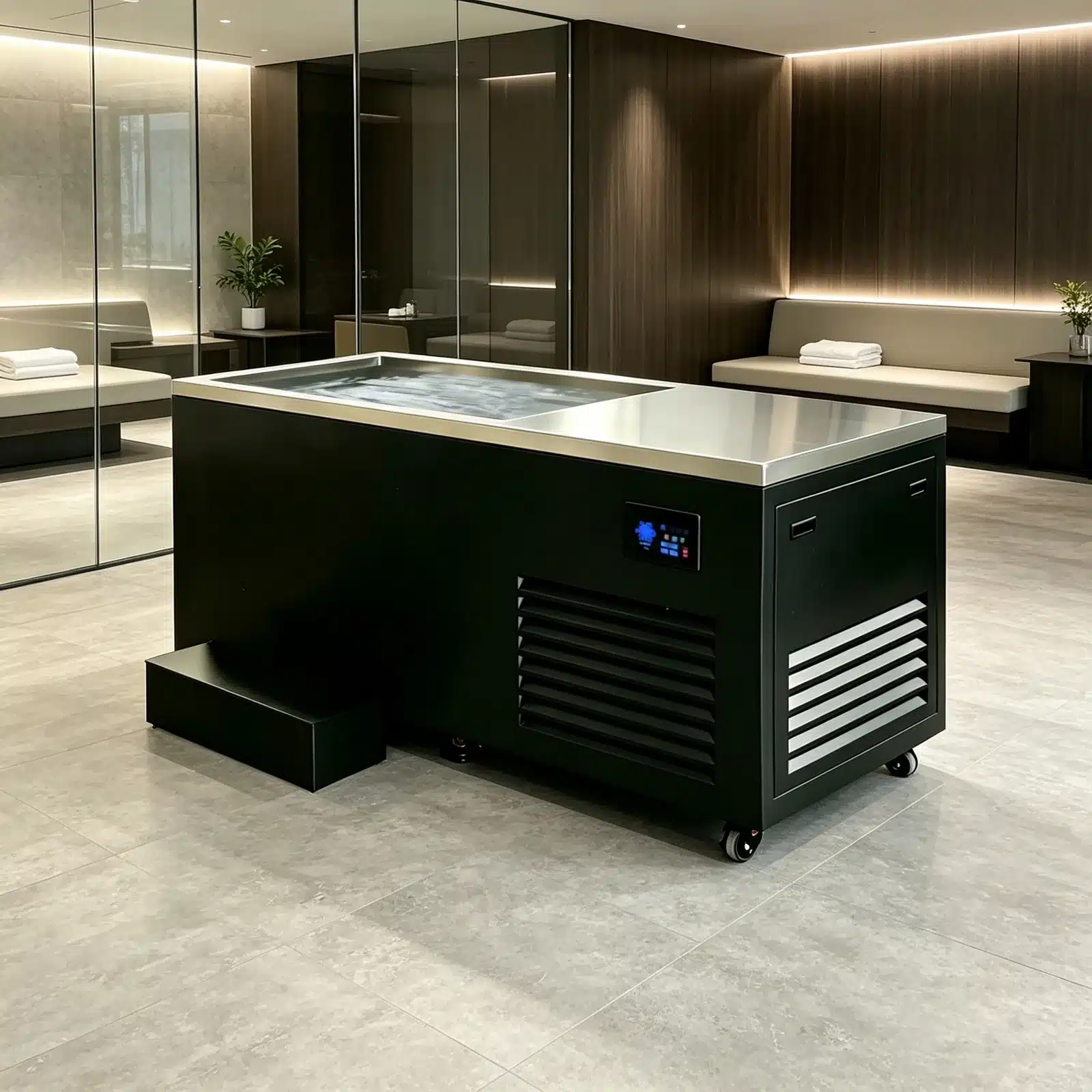 Bropool CT-23 direct-cooling ice-making cold plunge in an illustrative spa setting