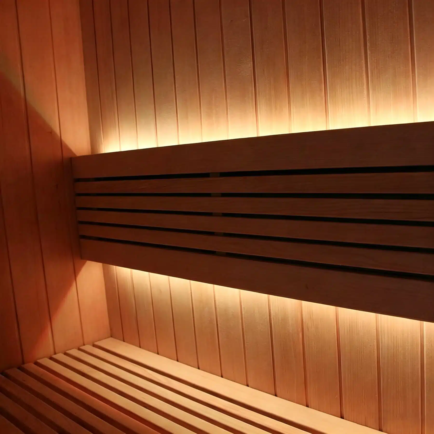 Bropool OS-1107 cube sauna interior bench and backrest lighting detail