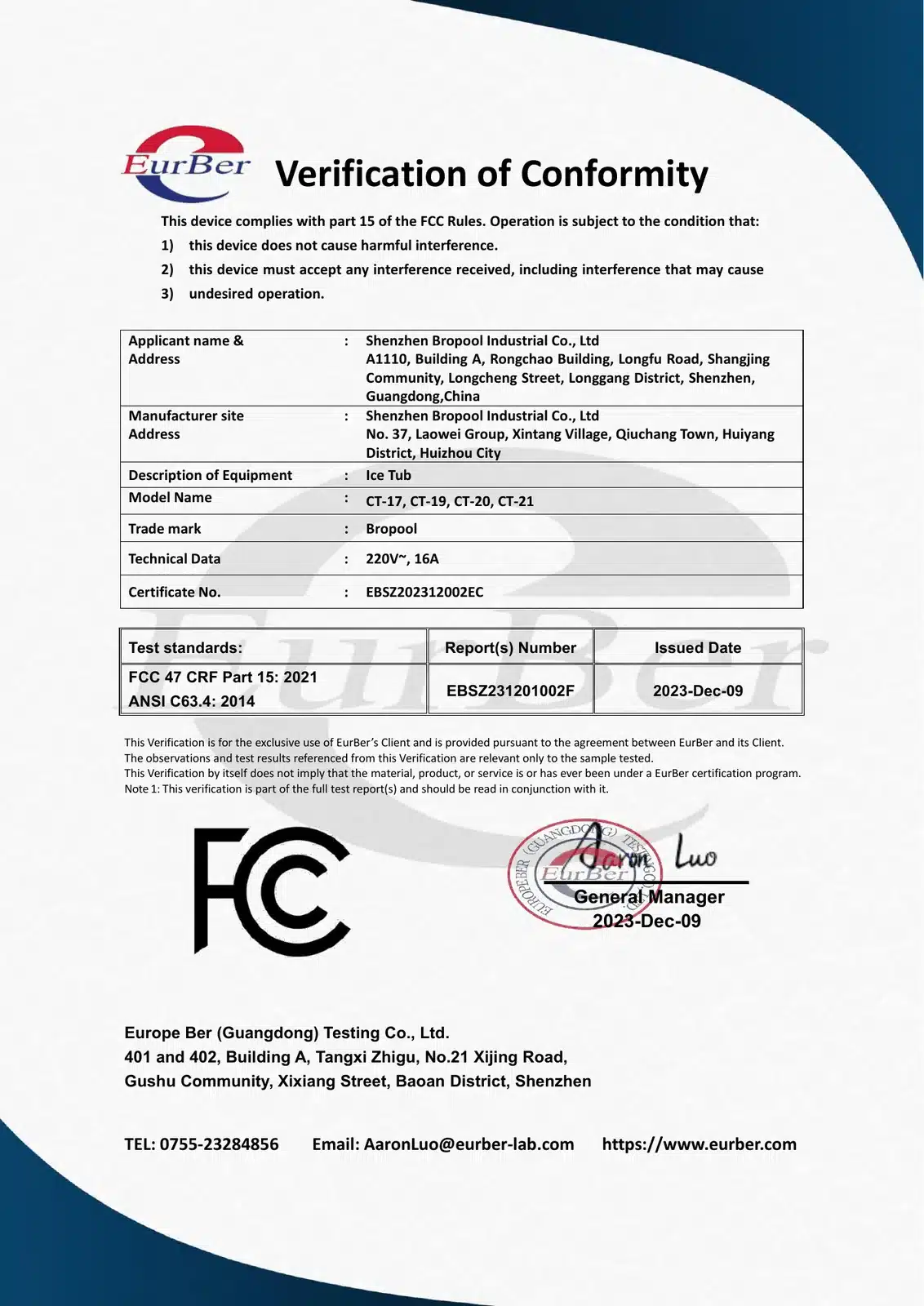 FCC verification EBSZ202312002EC naming Shenzhen Bropool Industrial Co., Ltd. for CT-17, CT-19, CT-20 and CT-21