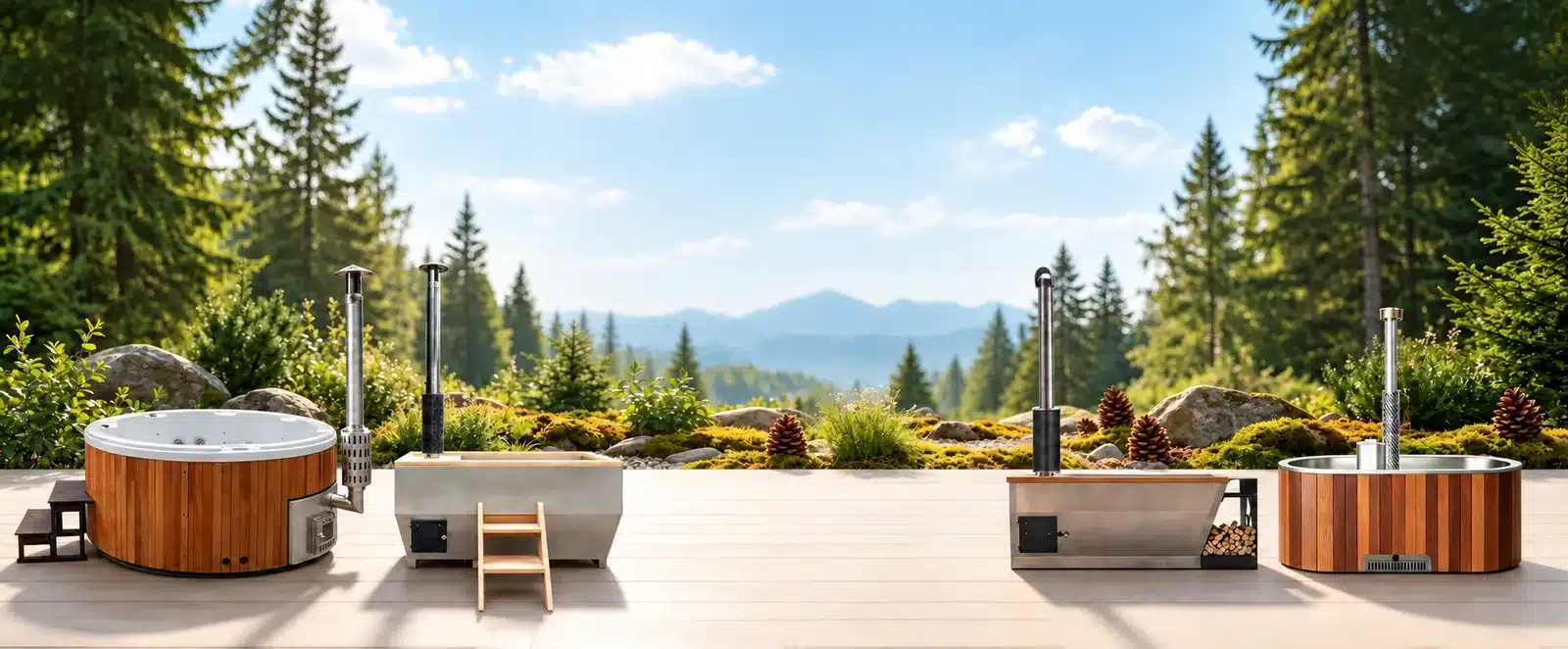 Bropool round and rectangular wood-fired hot tub collection in an illustrative forest setting