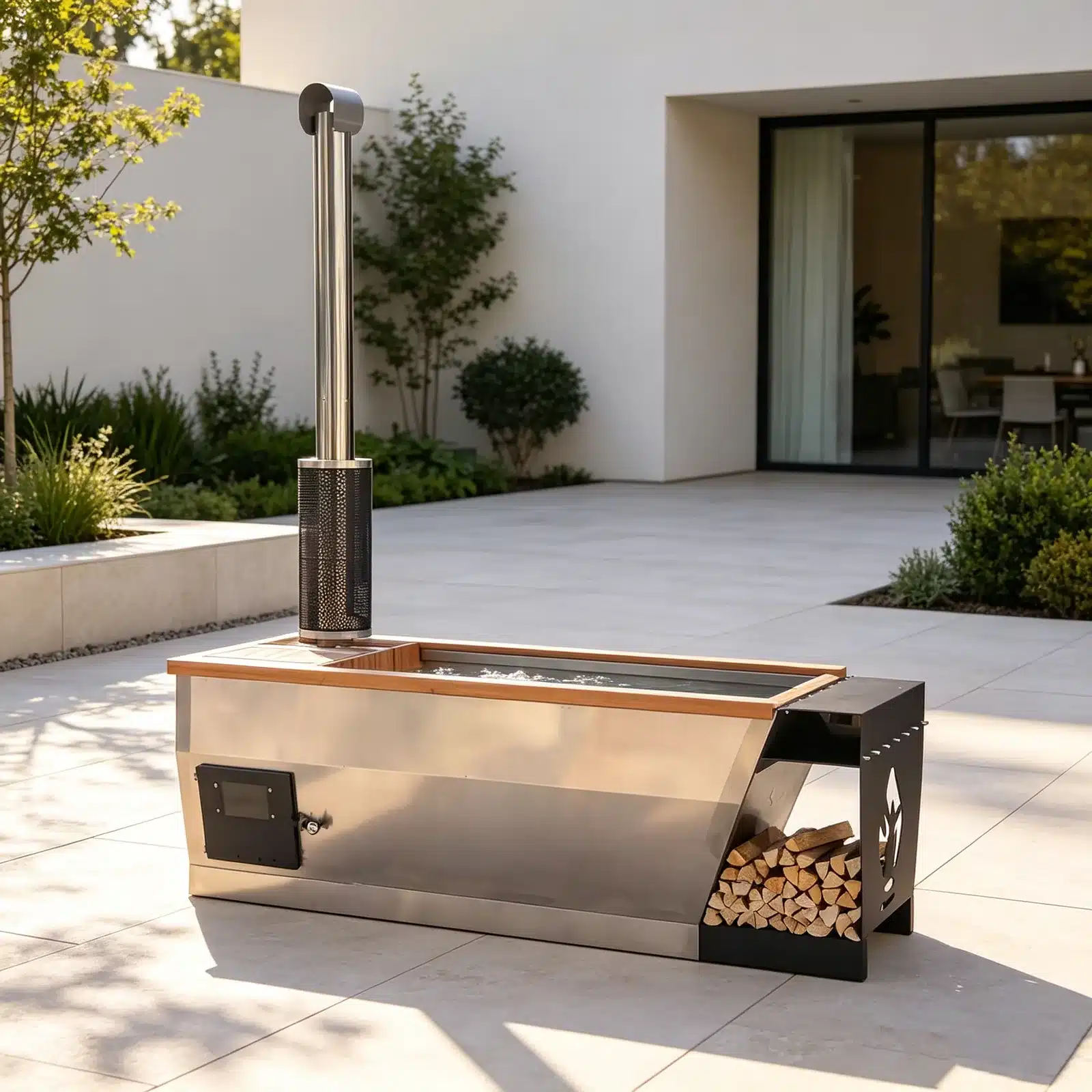 Illustrative garden setting for the Bropool HT-101 wood-fired hot tub