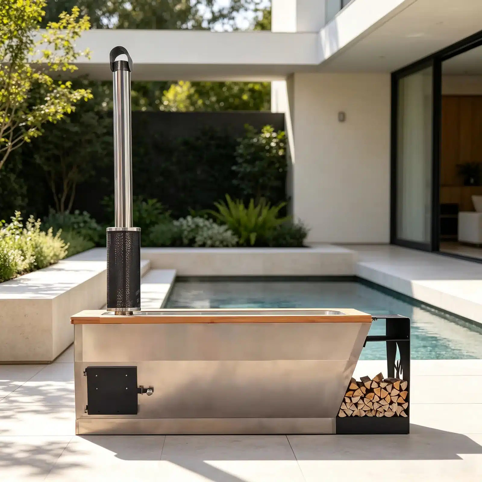 Illustrative outdoor scene showing the Bropool HT-101 rectangular wood-fired hot tub