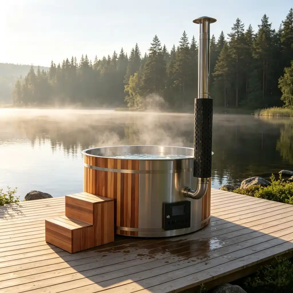 Illustrative lakeside scene showing the Bropool HT-105 round stainless-lined hot tub