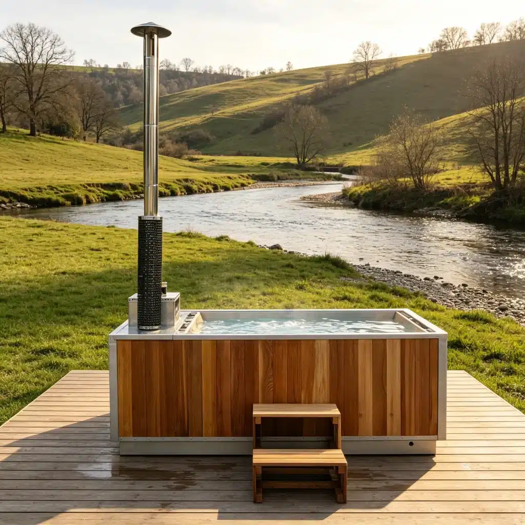 Illustrative riverside scene showing the Bropool HT-106 red-cedar hot tub