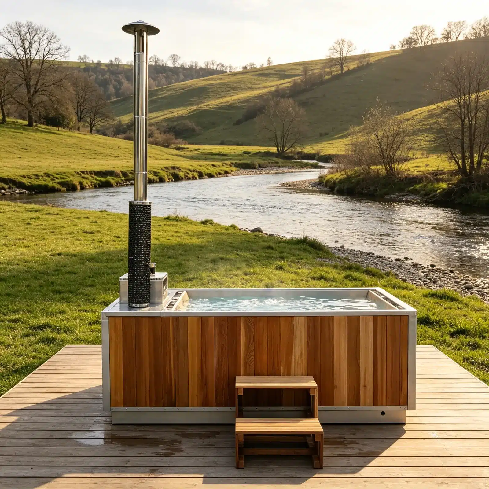 Illustrative riverside scene showing the Bropool HT-106 red-cedar hot tub