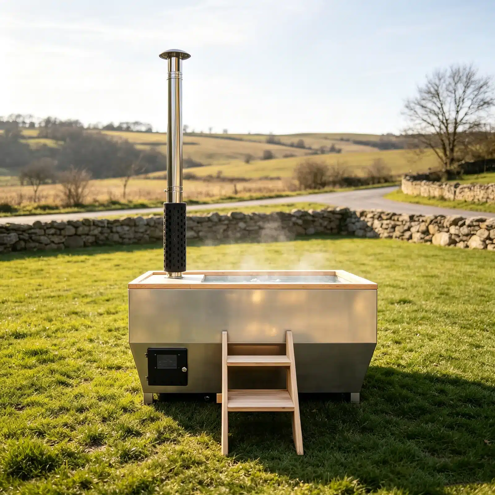 Illustrative outdoor setting for the Bropool HT-108 stainless-steel hot tub