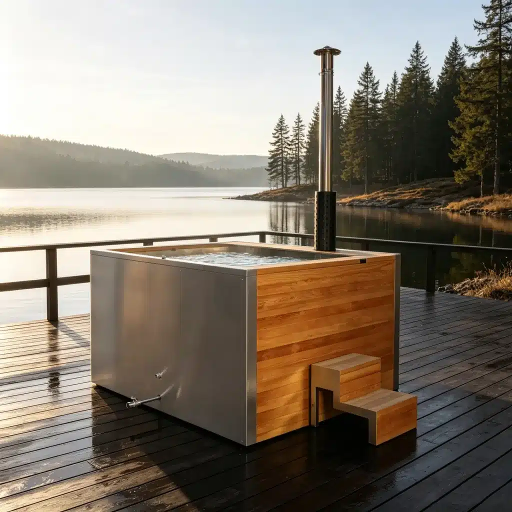 Illustrative lakeside scene showing the Bropool HT-109 stainless-steel wood-fired hot tub