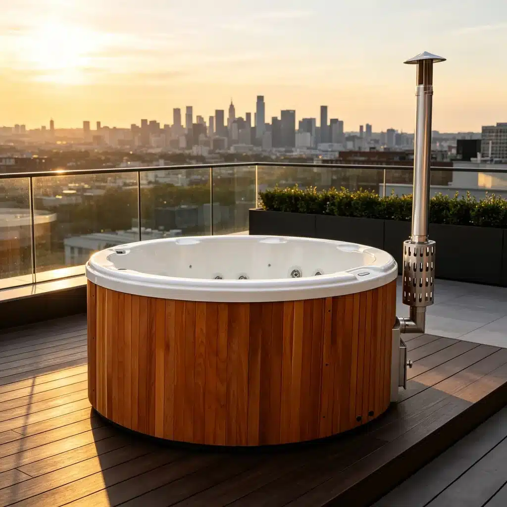 Illustrative rooftop scene showing the Bropool HT-110 acrylic wood-fired hot tub