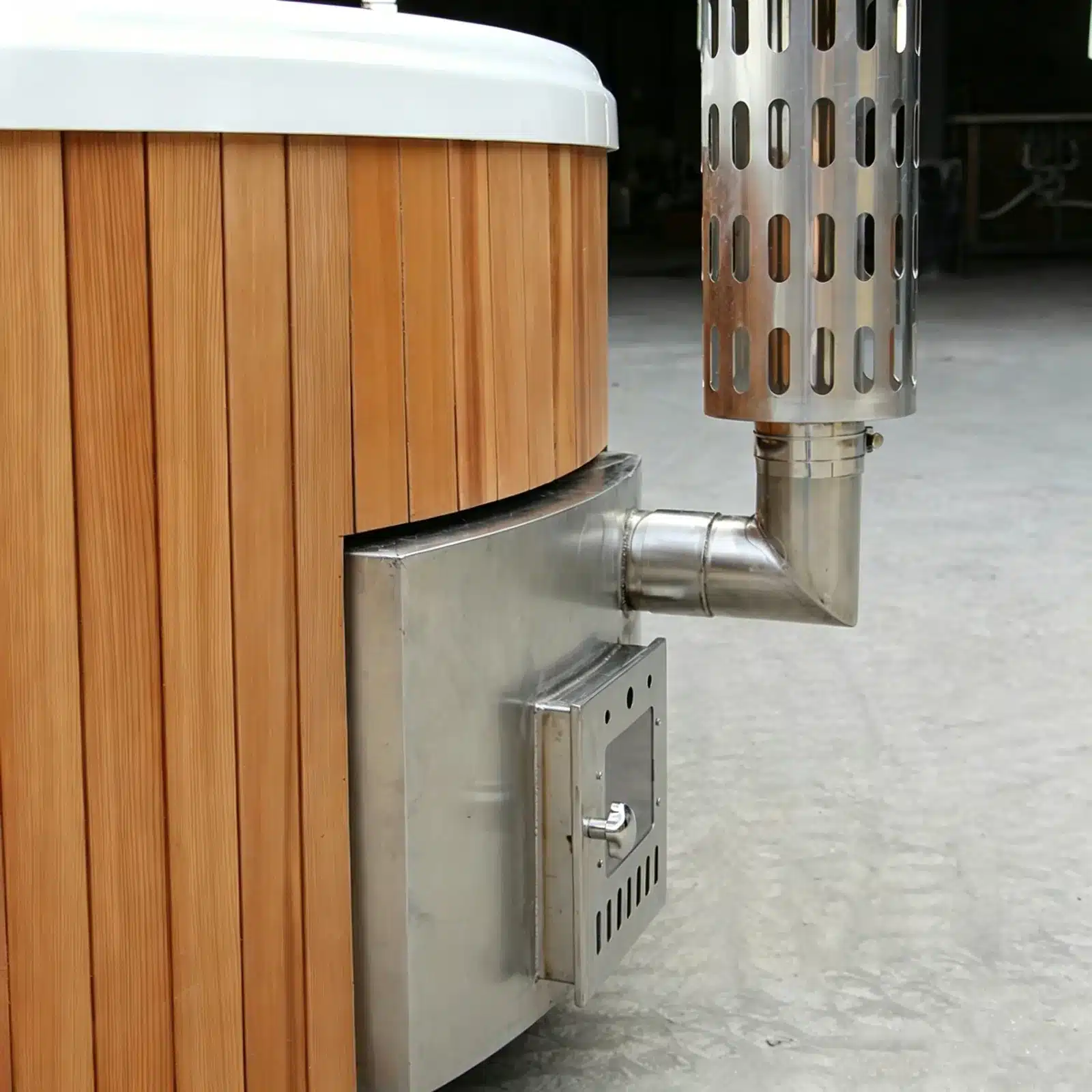 Wood-fired heater detail on the Bropool HT-110 hot tub