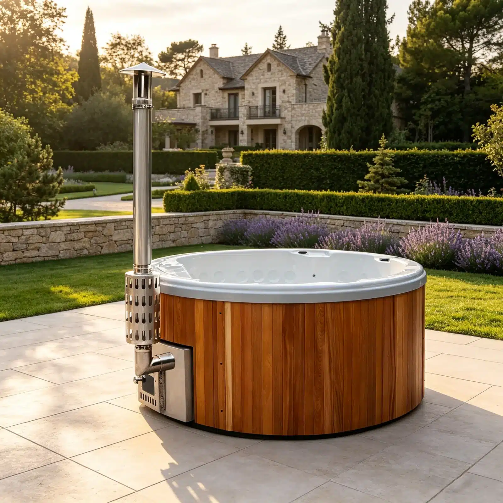 Bropool HT-110 round hot tub with a white interior, wood exterior and chimney in a garden setting
