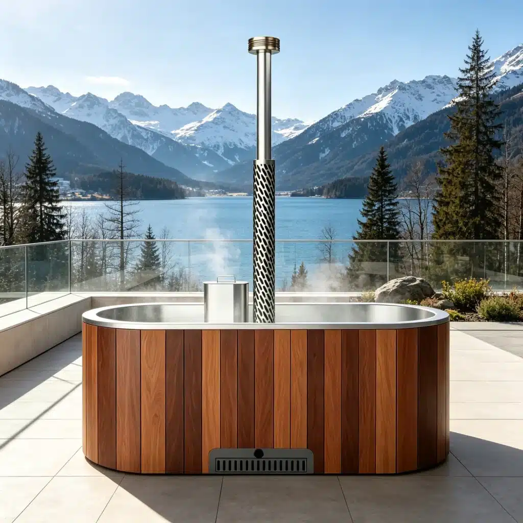 Illustrative mountain-lake scene showing the Bropool HT-111 oval hot tub concept