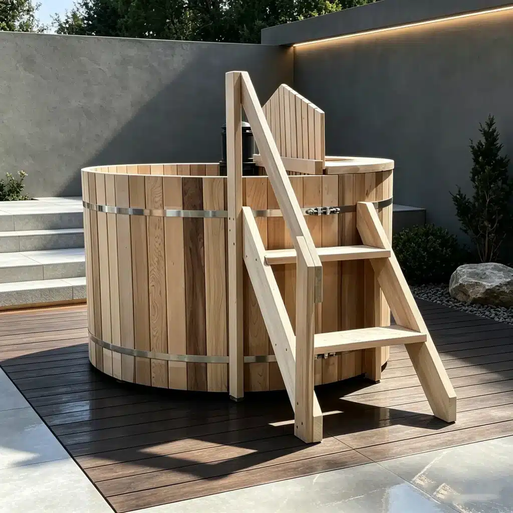 Illustrative outdoor setting for the HXI round timber hot tub family