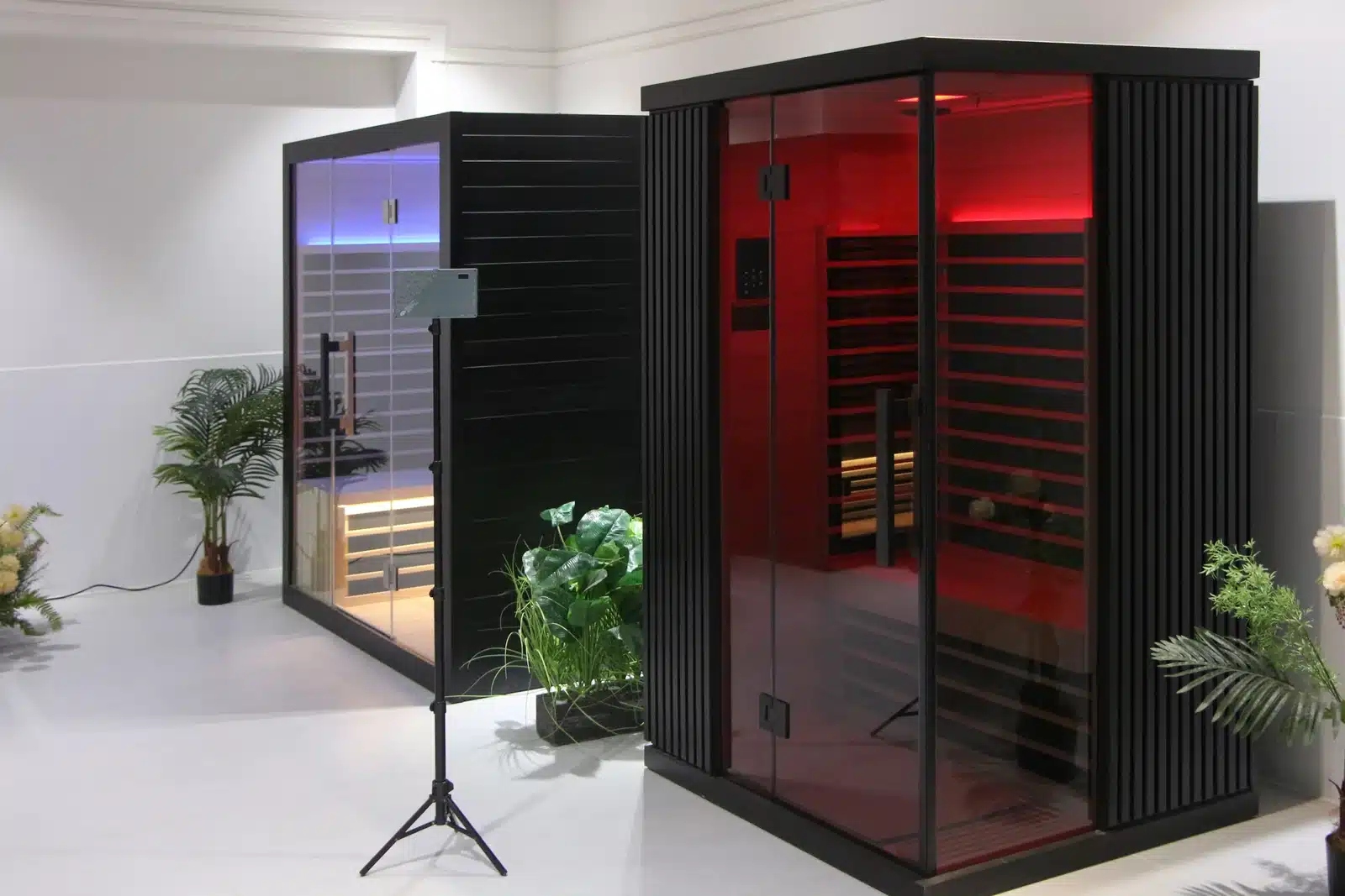 Two indoor sauna cabins displayed in Bropool's Huizhou showroom