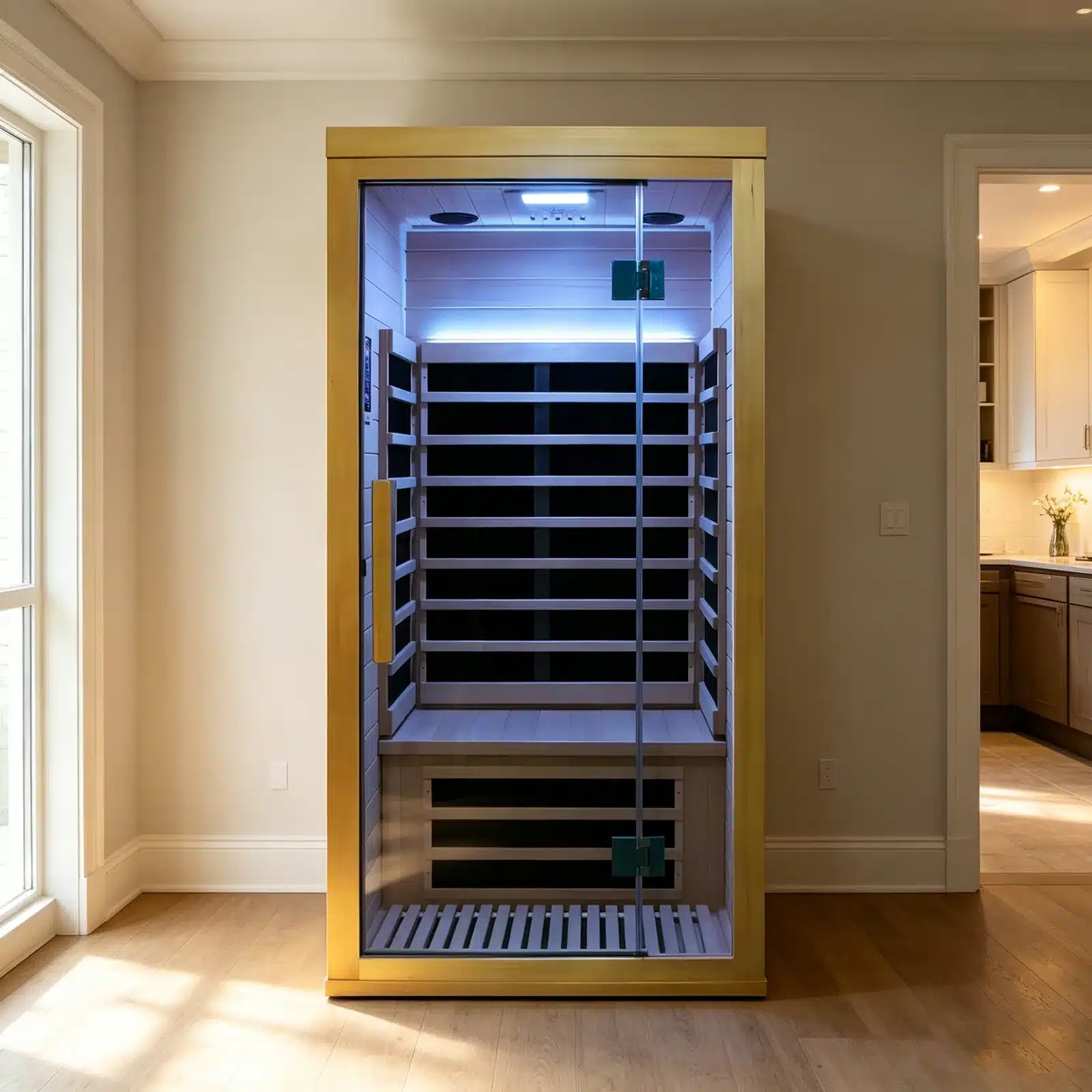Bropool IS-1101 infrared sauna with glass door and visible infrared panels in an illustrative indoor setting