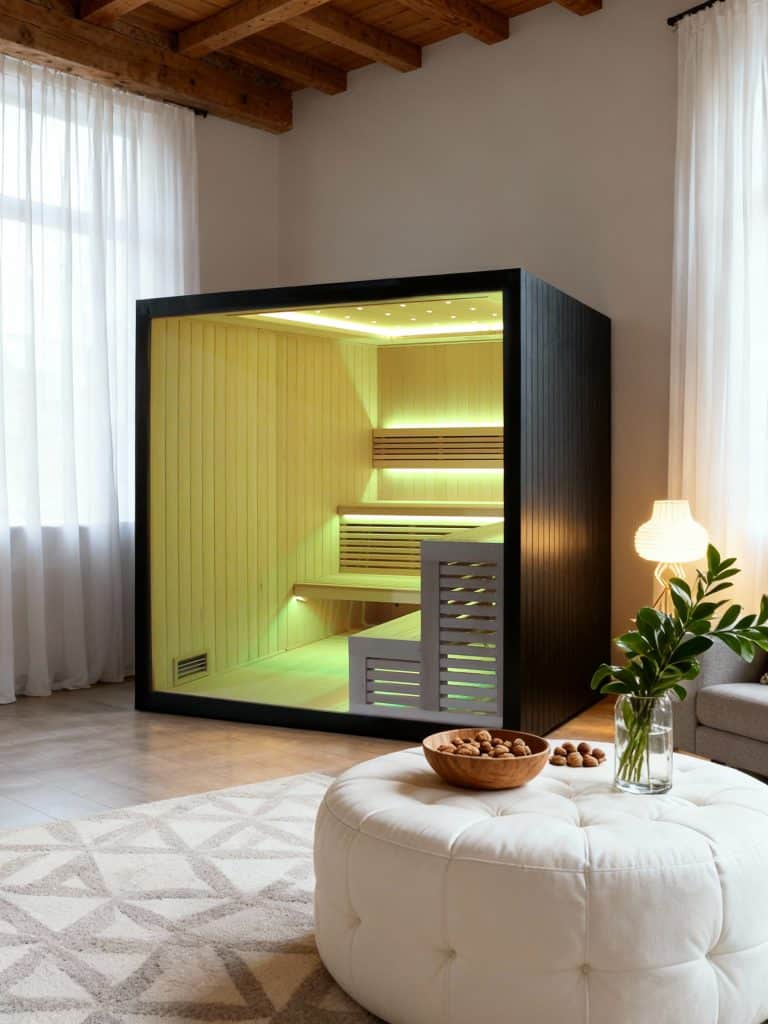 Bropool IS-1401 black-exterior indoor sauna with star-ceiling configuration in an illustrative scene