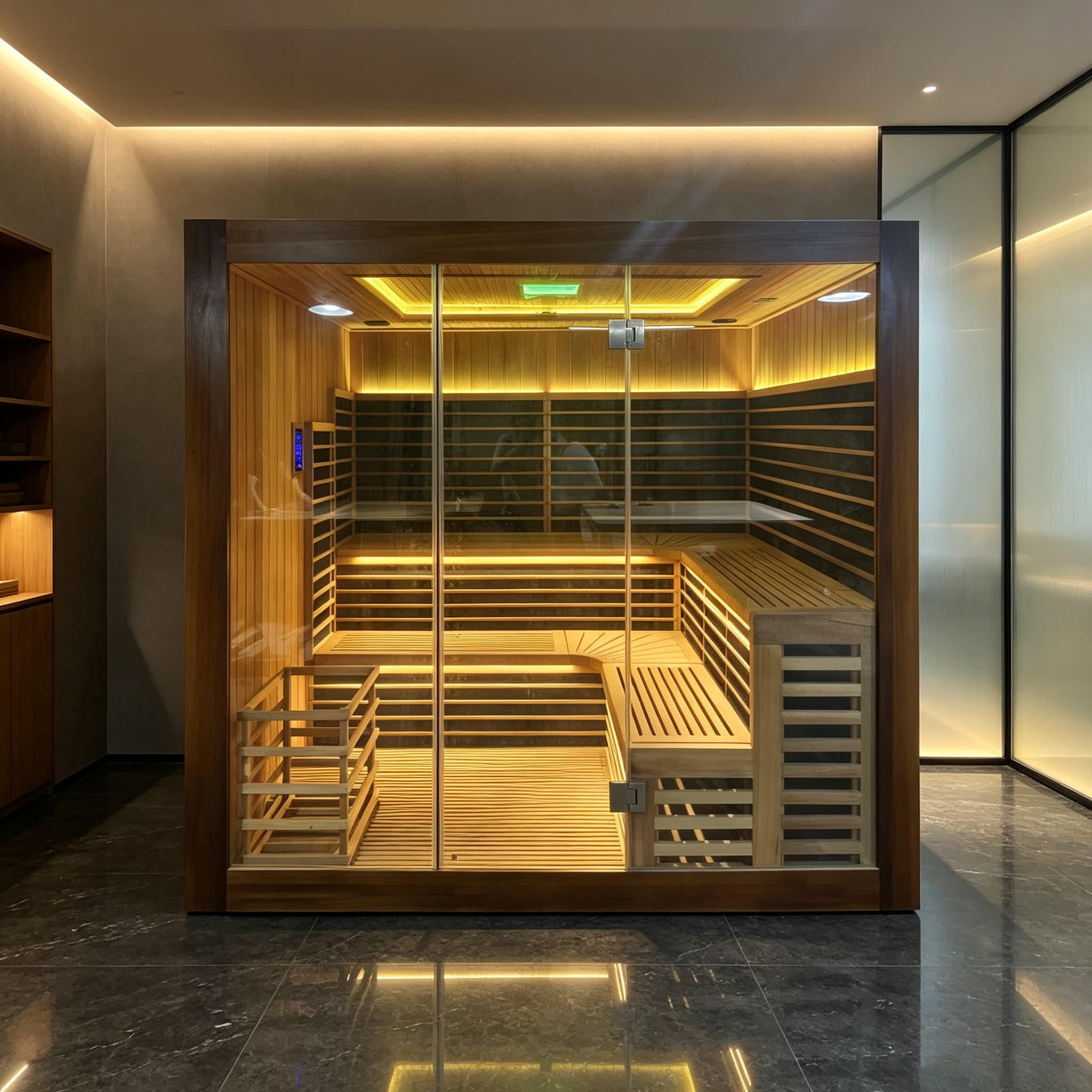 Illustrative indoor sauna scene with a glass-front cabin and warm wood interior