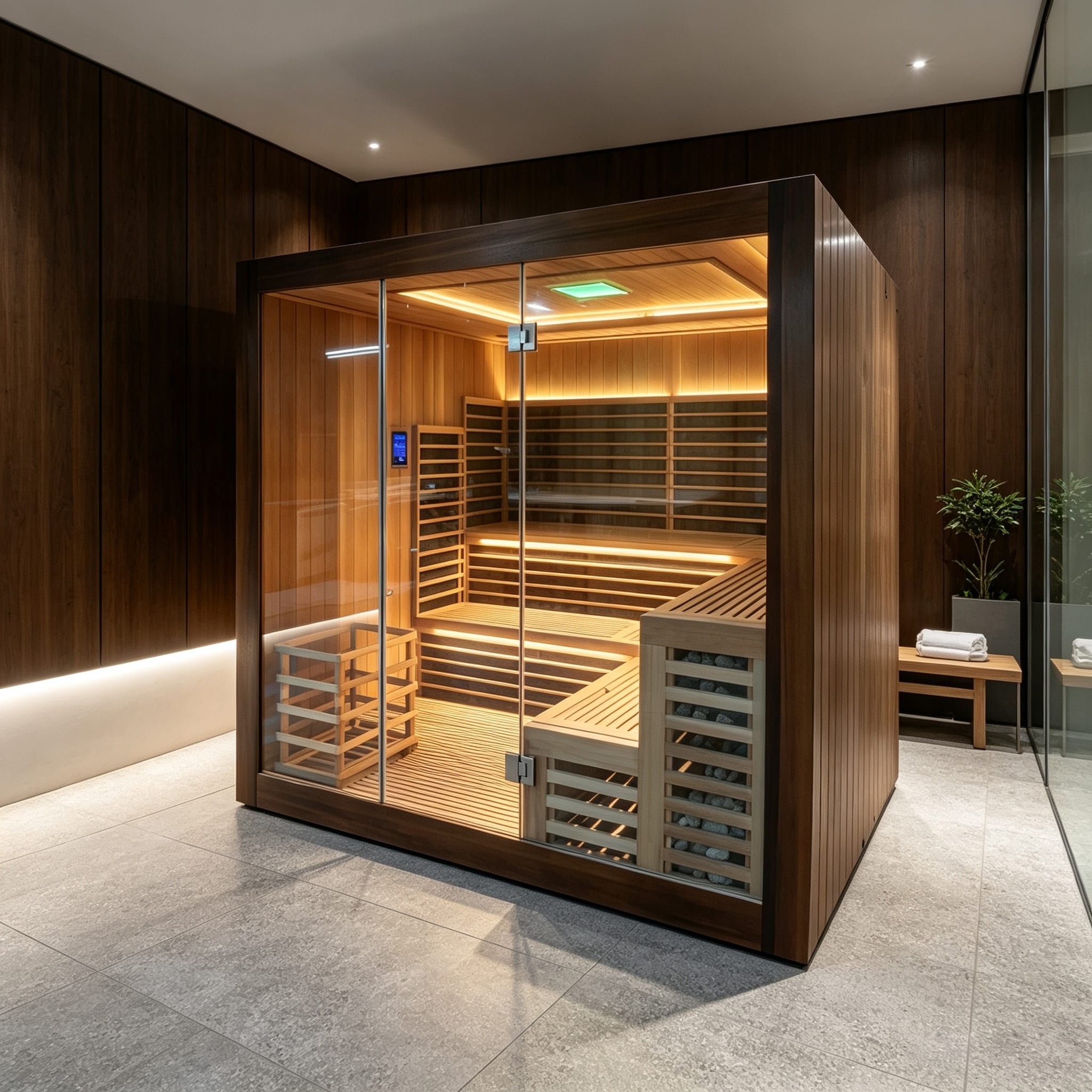 Illustrative indoor sauna scene with a glass-front cabin and warm wood interior