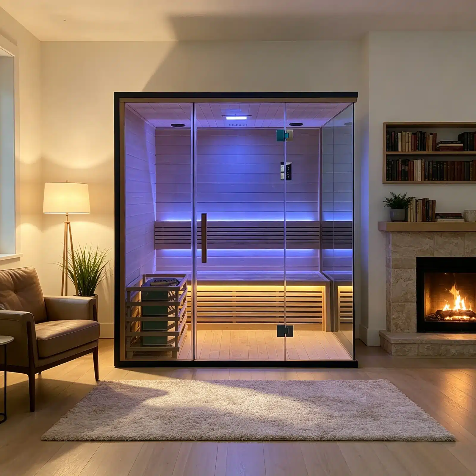 Illustrative room or outdoor setting showing the complete Bropool T5-T7 shared cabinet reference sauna