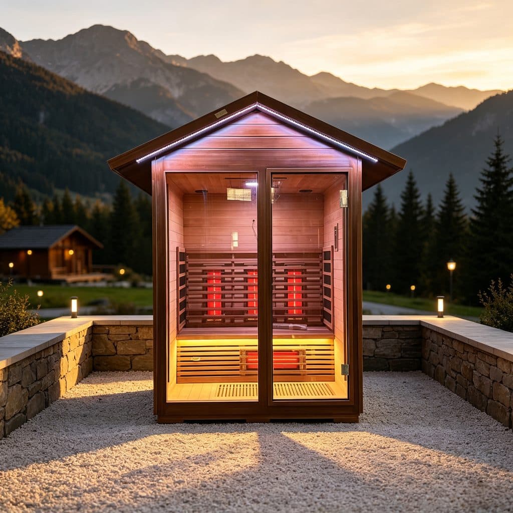 Bropool N6 outdoor sauna in an illustrative outdoor setting