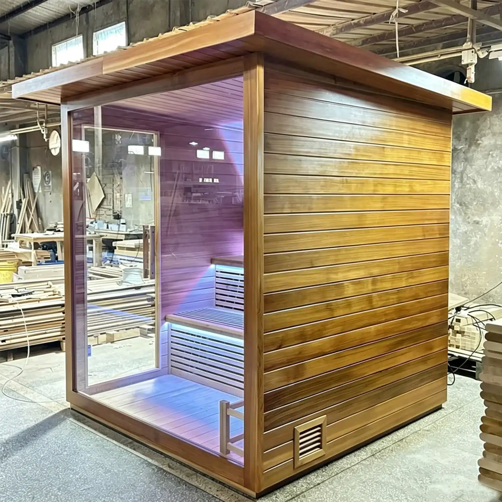 Bropool OS-1101 outdoor sauna cabin photographed in a workshop