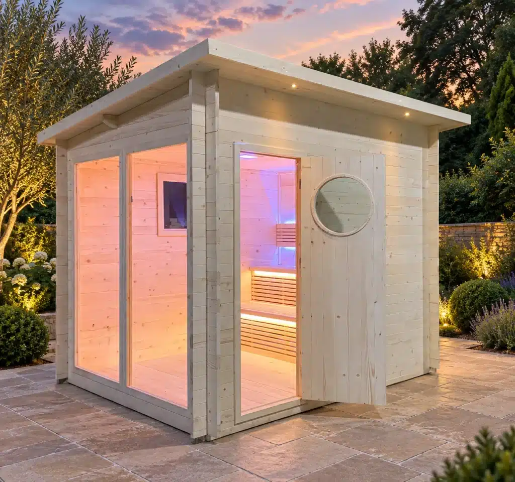 Bropool OS-1102 outdoor sauna in an AI-assisted illustrative woodland scene