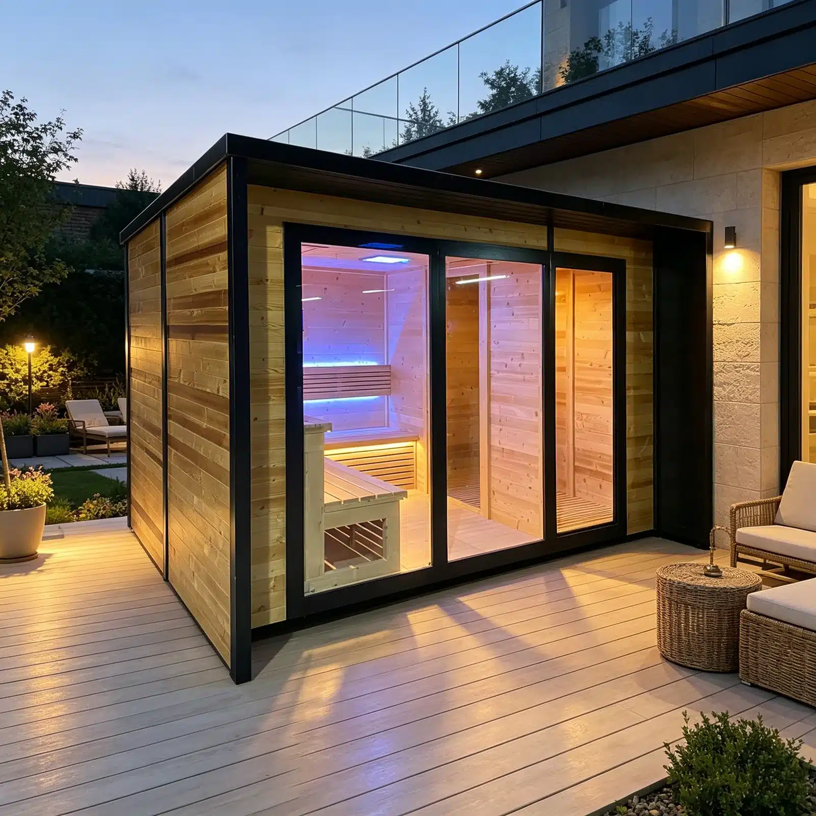 Bropool OS-1103 outdoor sauna with a glazed front and illuminated interior in a courtyard setting