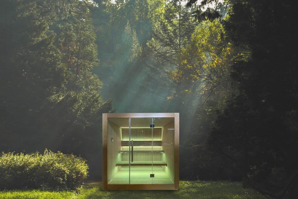 Bropool OS-1106 outdoor sauna in an illustrative woodland setting