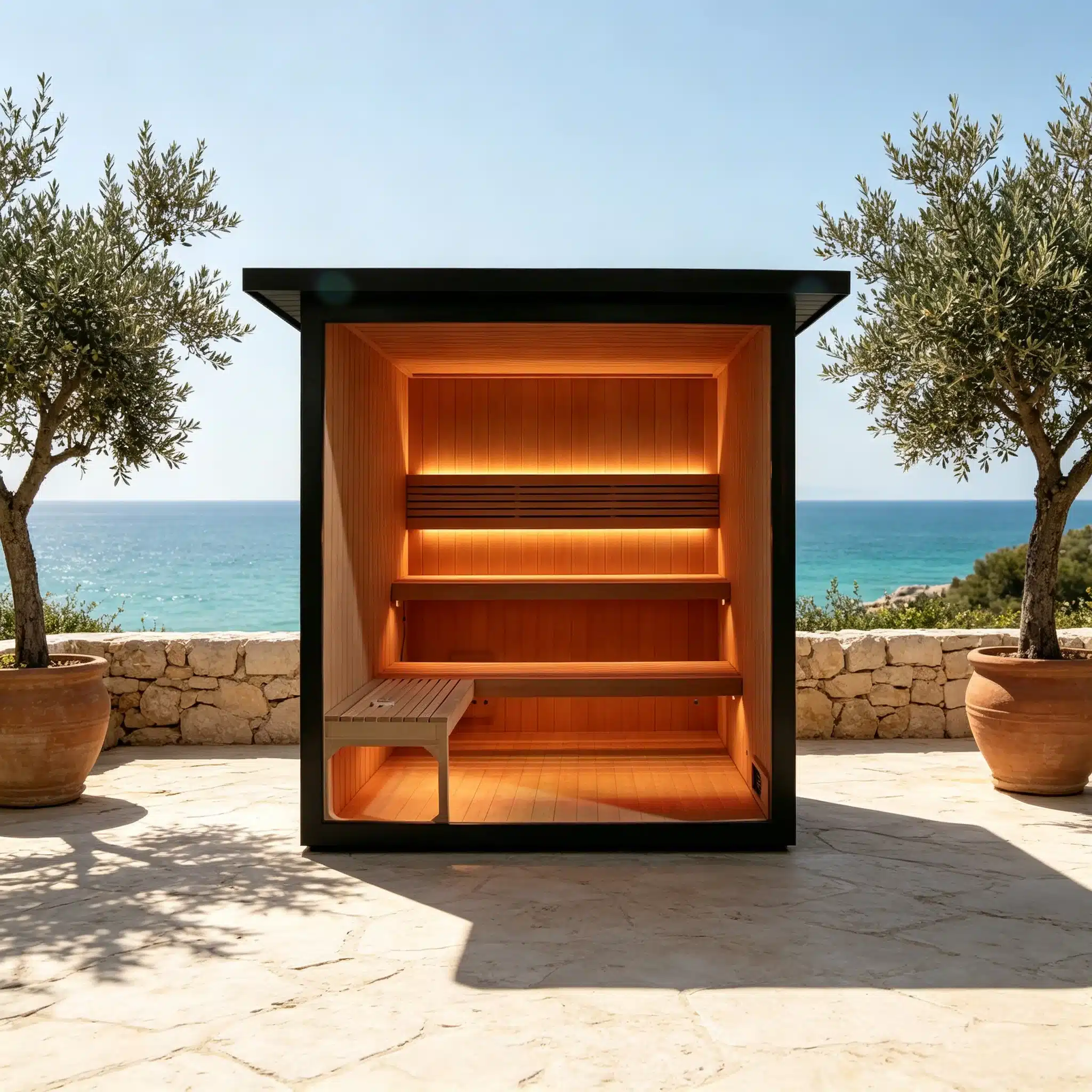 Bropool outdoor sauna cabin in a residential outdoor setting