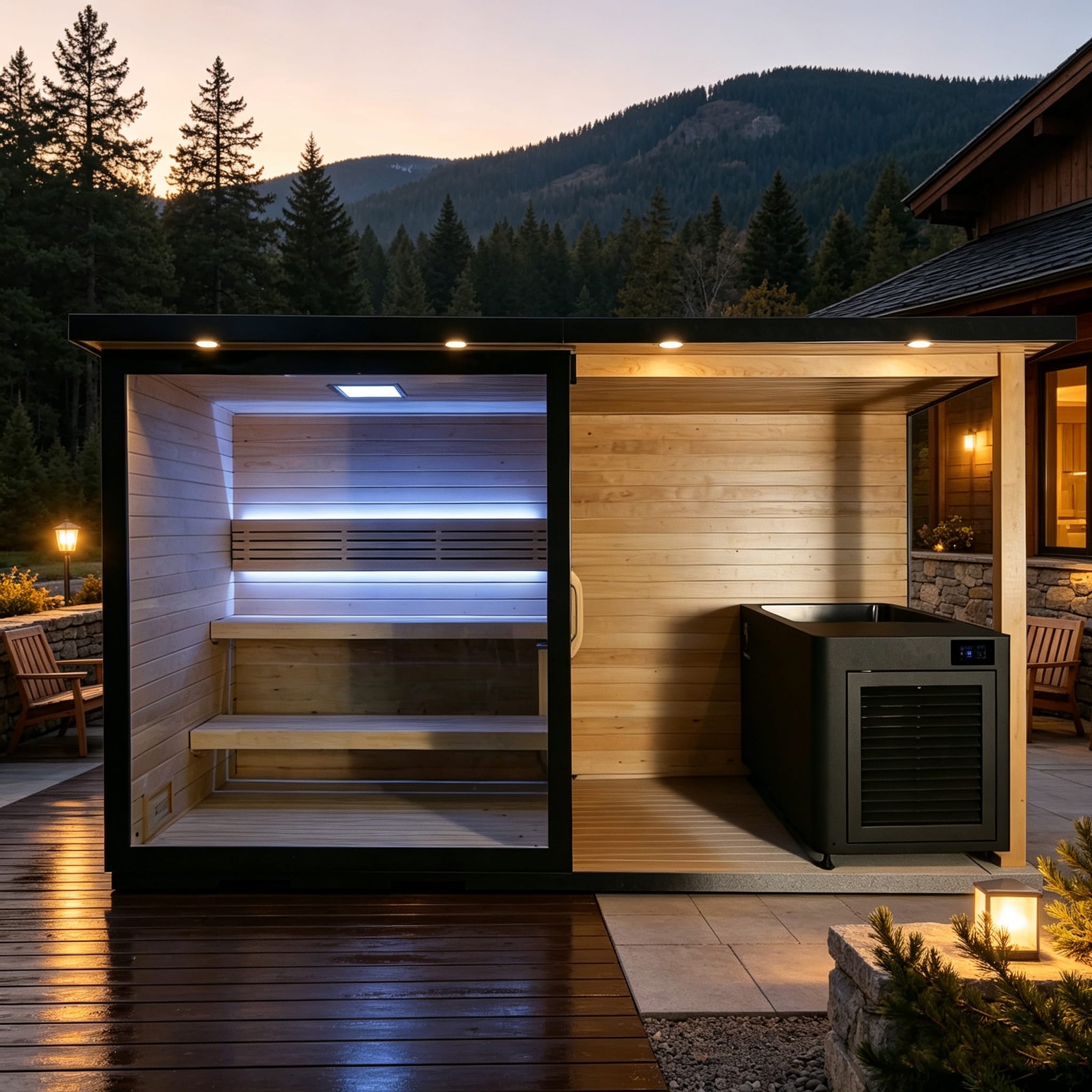 Illustrative outdoor scene of the Bropool OS-1109 sauna with its covered cold-plunge bay