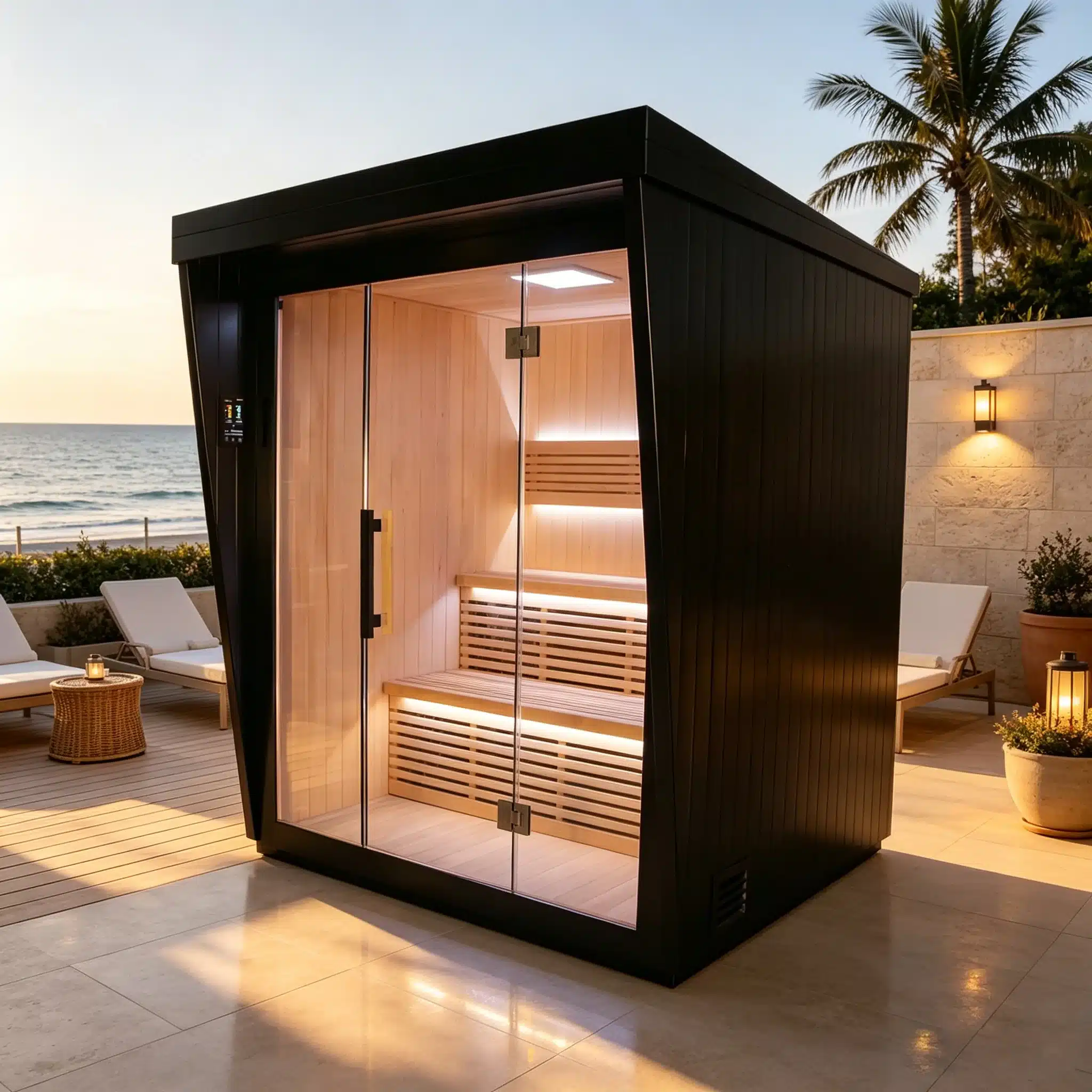 Bropool OS-1200 outdoor sauna shown in an illustrative poolside setting