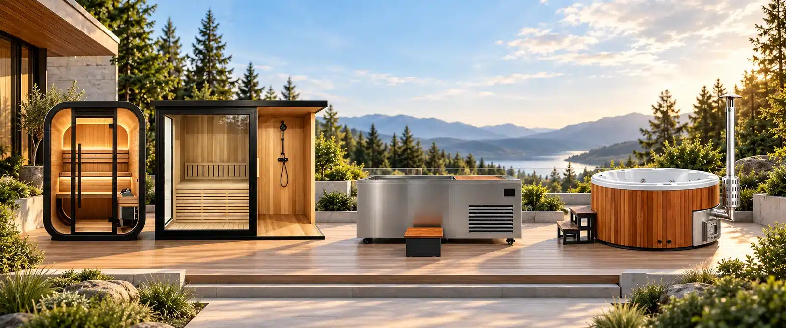 Bropool sauna and cold plunge products with a wood-fired hot tub in an illustrative outdoor wellness setting