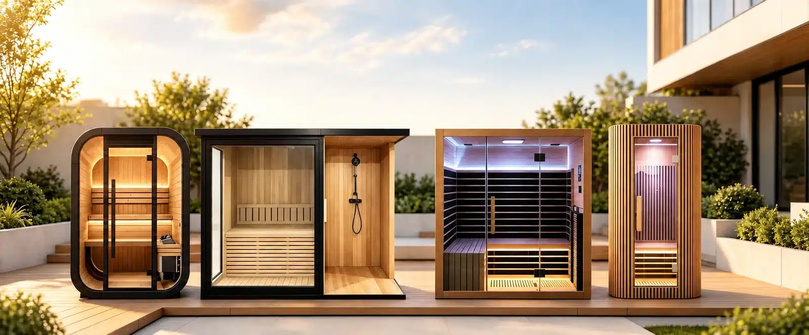 Bropool sauna manufacturer indoor and outdoor sauna product collection in an illustrative wellness setting