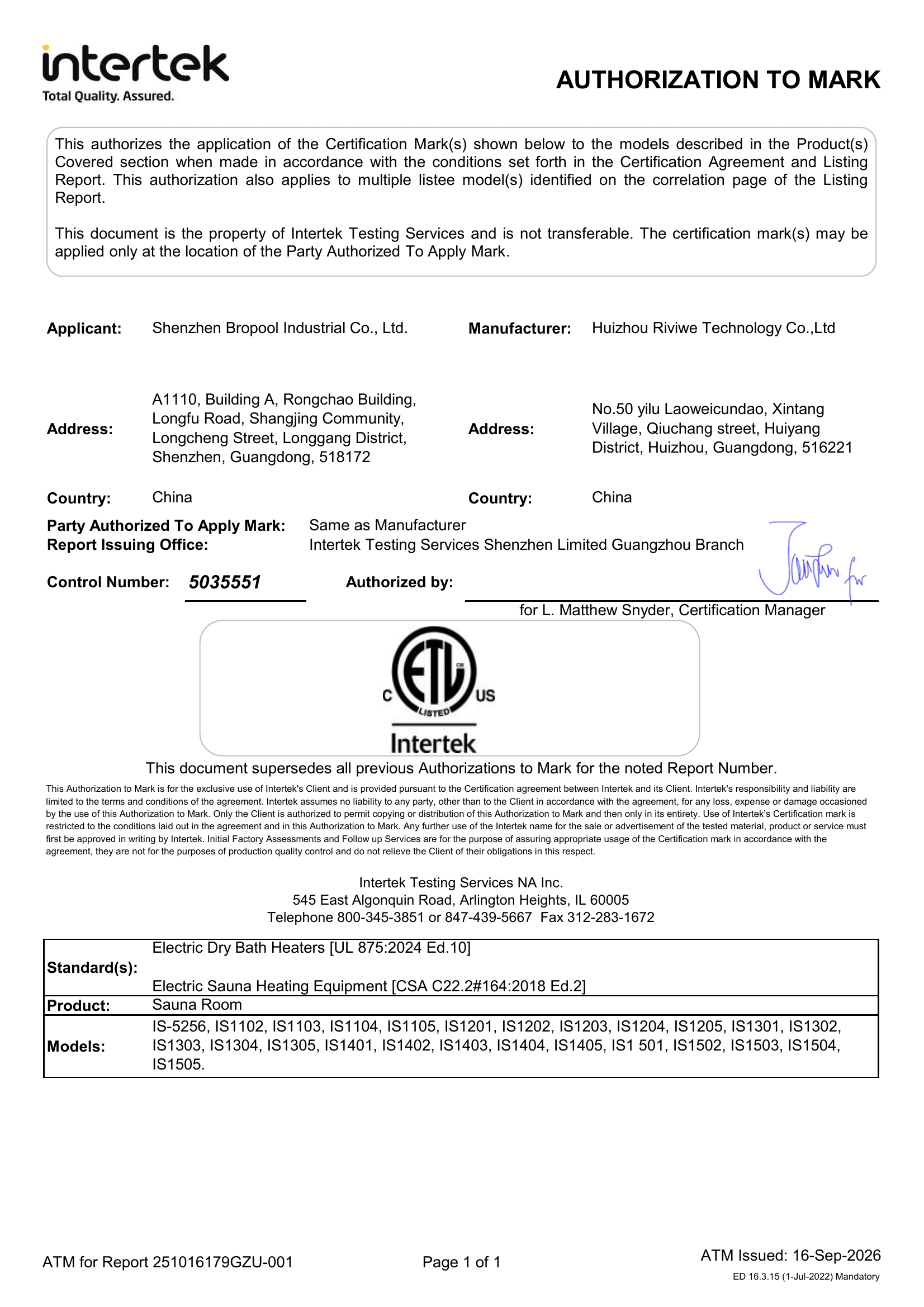 Intertek cETLus Authorization to Mark for listed Bropool sauna room models under report 251016179GZU-001