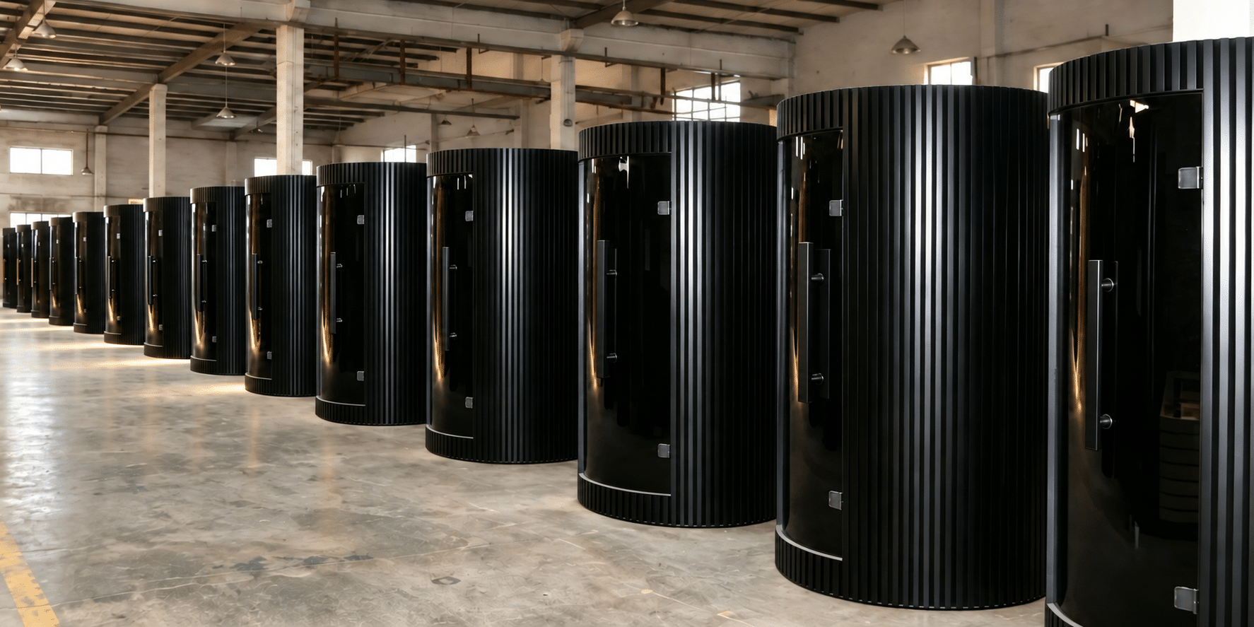 Rows of black round sauna cabins on the Bropool factory production floor