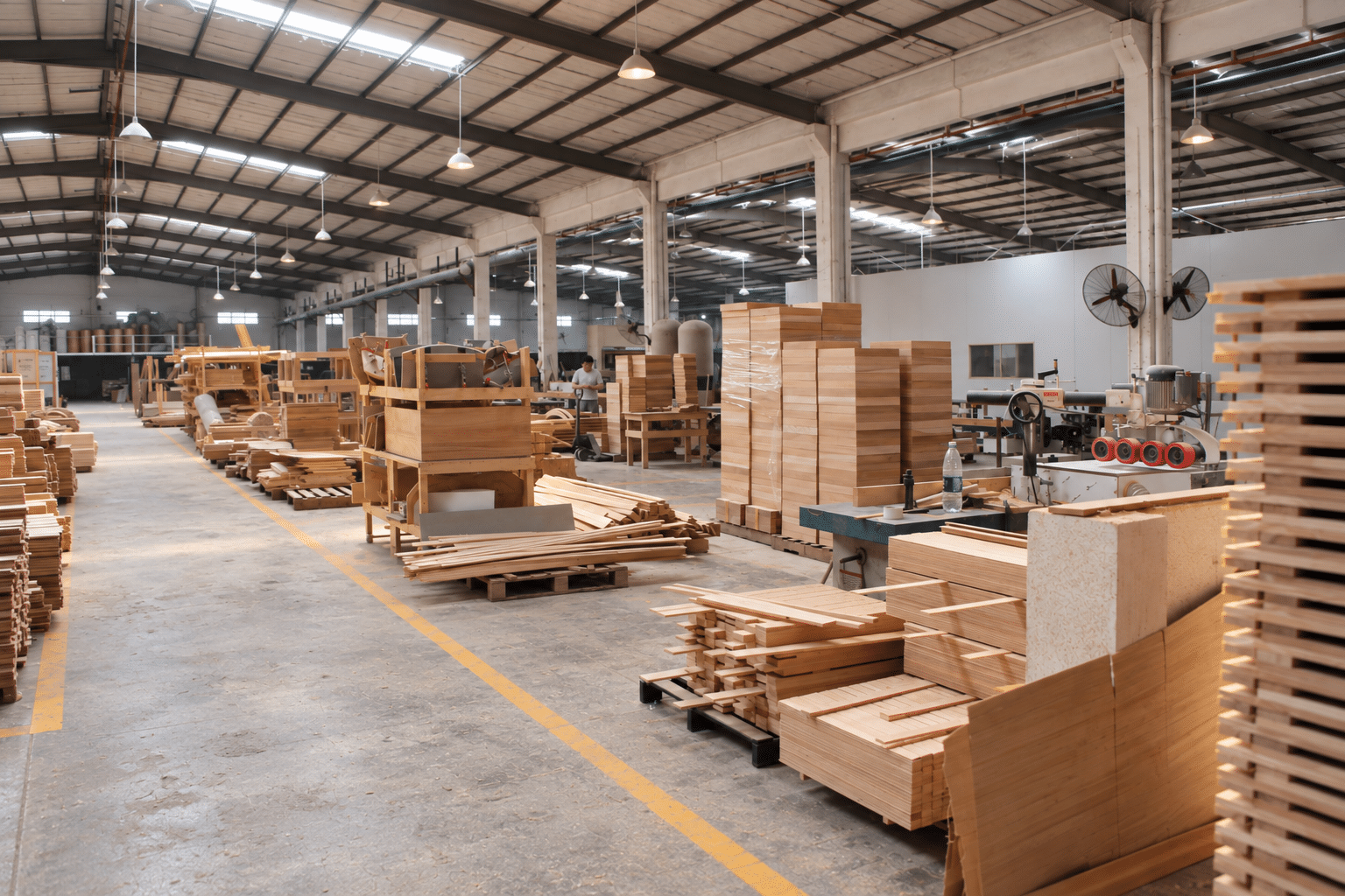 Prepared timber components and woodworking equipment inside the Bropool sauna workshop